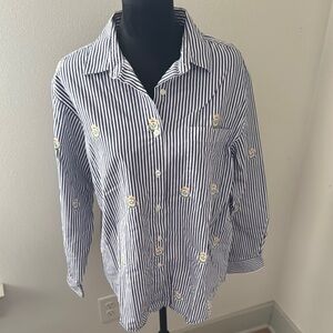 Talbots vintage striped purple‎ white crests long sleeve buttoned down top Sz L